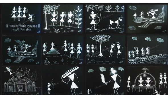 Warli Art- Ek Sloki Ramayan (ART_1403_52725) - Handpainted Art Painting - 14in X 11in