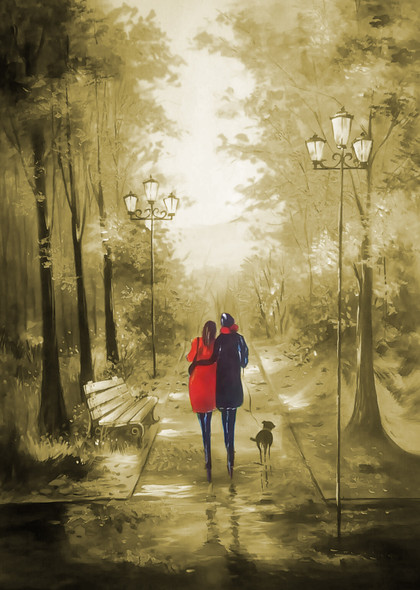 Couple With Dog (ART_1038_52722) - Handpainted Art Painting - 24in X 32in