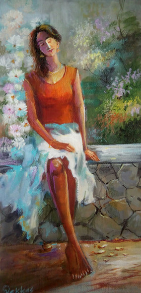 Beautiful Indian Woman - In Garden (ART_1038_52716) - Handpainted Art Painting - 24in X 48in