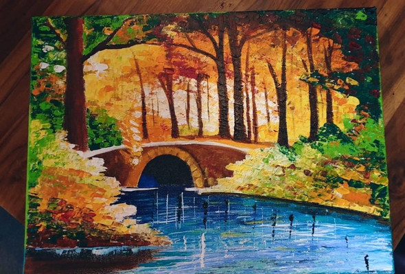 Forest river bridge (ART_7755_52157) - Handpainted Art Painting - 16in X 12in