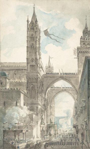 View Of The Portal And Principal Entrance Of The Cathedral Of Palermo During The Festival  by Louis Jean Desprez
(PRT_5018) - Canvas Art Print - 14in X 23in