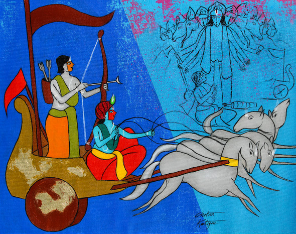 Krishna the Charioteer  (ART_3324_53064) - Handpainted Art Painting - 21in X 16in