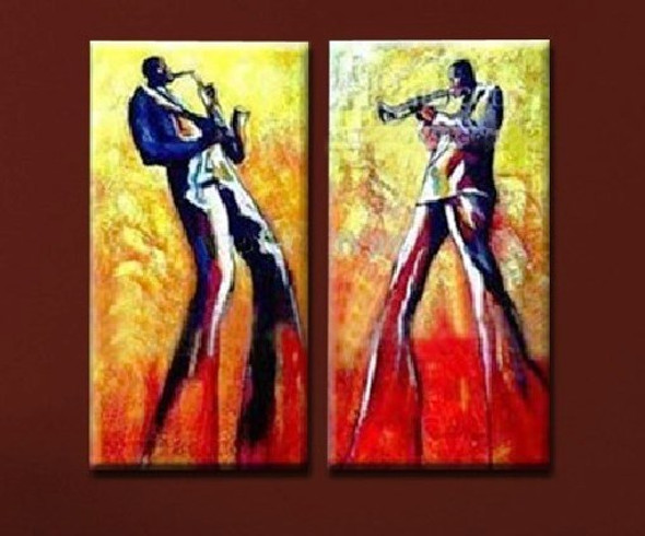 Jazz Men - 32in x 32in (16in x 32in x 2pcs),RTCSB_11_3232,32in x 32in (16in x 32in x 2pcs),Oil Colors,Canvas,Modern Art,Community Artists Group,Jazz,Music,multipiece,Museum Quality - 100% Handpainted