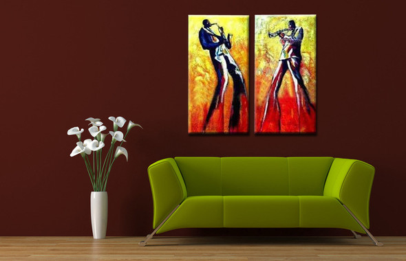 Jazz Men - Handpainted Art Painting - 32in X 32in (16in X 32in each X 2pcs)