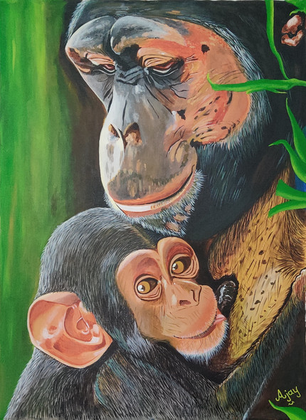 Baby n mom Chimpanzee (ART_7674_53075) - Handpainted Art Painting - 28in X 36in