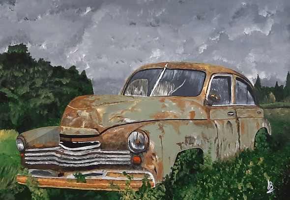 Vintage Rusted Car (ART_5839_50622) - Handpainted Art Painting - 24in X 18in