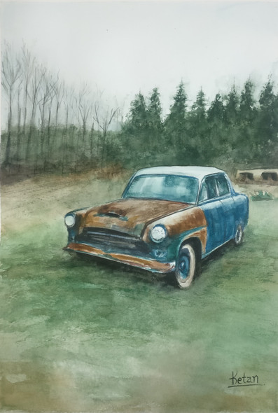 Rusty Old Car (ART_7812_53125) - Handpainted Art Painting - 10in X 16in