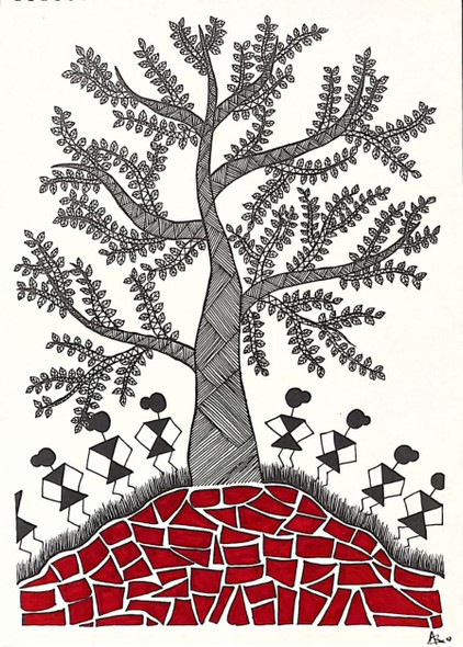 Warli Art -Tree of  Life (ART_7797_53061) - Handpainted Art Painting - 12in X 16in