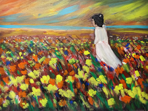 Flower field (ART_7768_52804) - Handpainted Art Painting - 17in X 12in