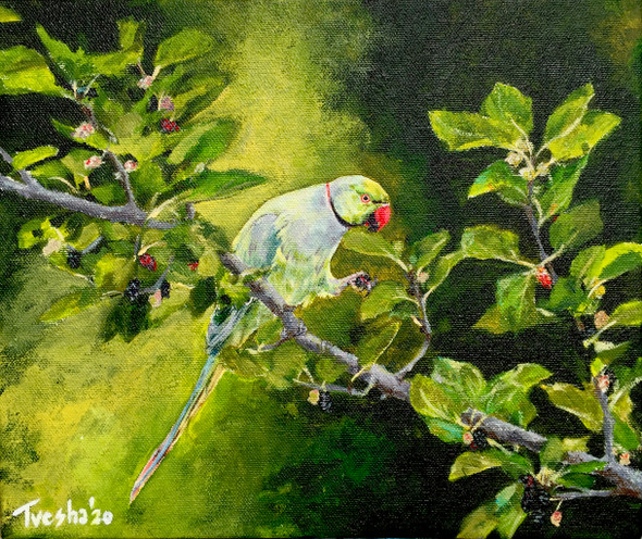 Stopping For A Bite At The Mulberry Tree (ART_6676_53343) - Handpainted Art Painting - 12in X 10in