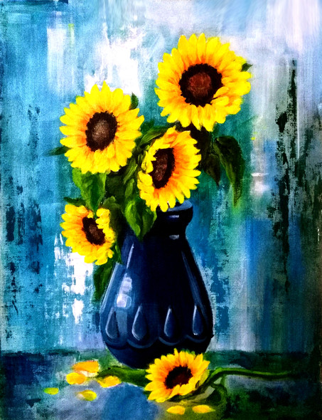 Sunflowers in blue vase (ART_236_53322) - Handpainted Art Painting - 13in X 15in