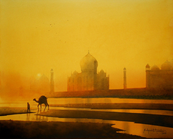 Camel with taj (ART_7574_53156) - Handpainted Art Painting - 23in X 18in