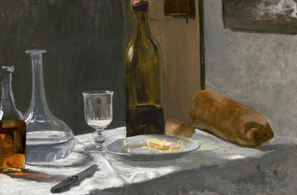 Still Life With Bottle, Carafe, Bread, And Wine (1862‚Äì1863) by Claude Monet
(PRT_5231) - Canvas Art Print - 23in X 15in