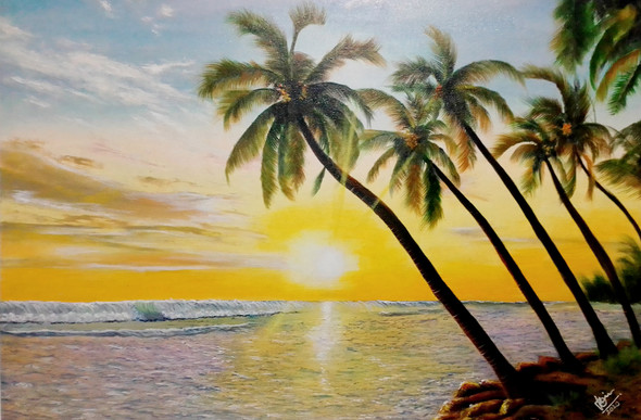 Wonders of coconut tree beach (ART_5868_46274) - Handpainted Art Painting - 30in X 22in