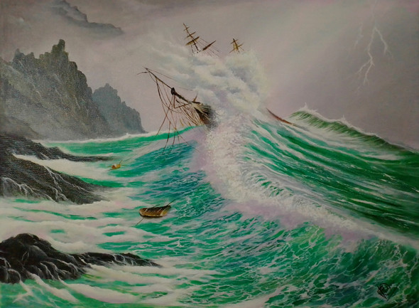 Wave Teasing Ship (ART_5868_46273) - Handpainted Art Painting - 31in X 22in