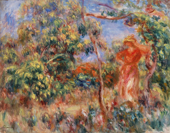 Woman In Red In A Landscape By Pierre-Auguste Renoir (PRT_5602) - Canvas Art Print - 35in X 28in
