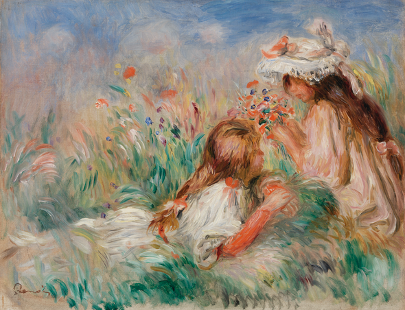 Girls In The Grass Arranging A Bouquet By Pierre-Auguste Renoir (PRT_5626) - Canvas Art Print - 33in X 25in