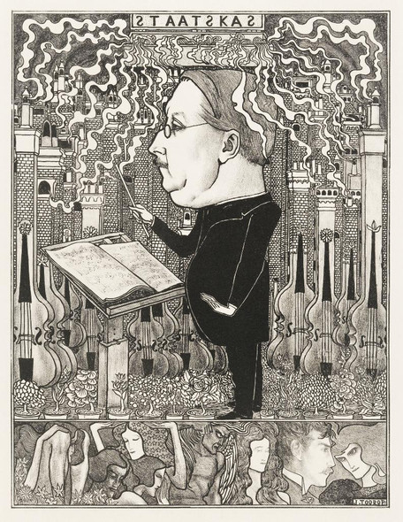 Conductor With Violins And Smoking Chimneys Behind (1895) By Jan Toorop (PRT_5615) - Canvas Art Print - 21in X 27in