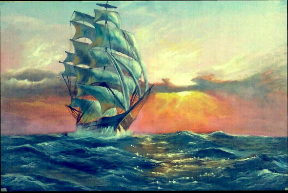Ship Under Golden Light (ART_5868_53637) - Handpainted Art Painting - 36in X 24in