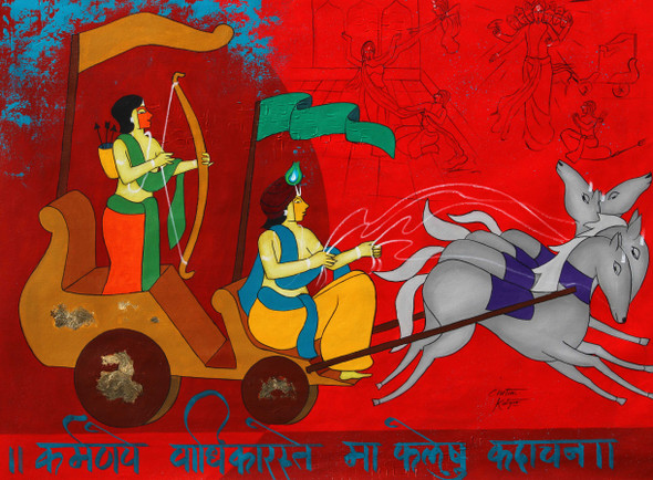Battle Of Mahabharata (ART_3324_53617) - Handpainted Art Painting - 46in X 33in