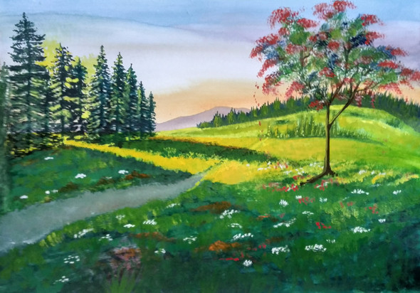 Peaceful View of a Field (ART_7834_53855) - Handpainted Art Painting - 12in X 8in