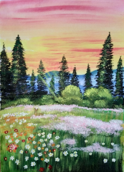 Spring View in a Field (ART_7834_53852) - Handpainted Art Painting - 8in X 12in