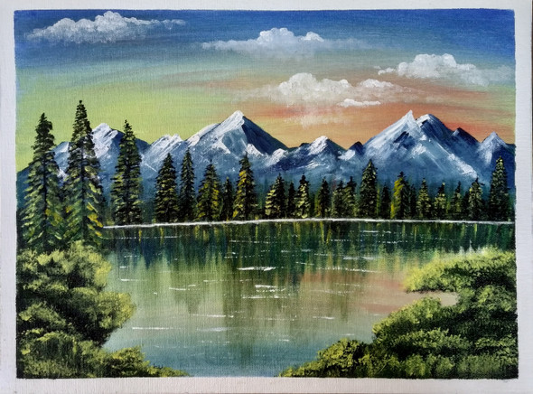 Lake View in the Mountains (ART_7834_53845) - Handpainted Art Painting - 16in X 12in