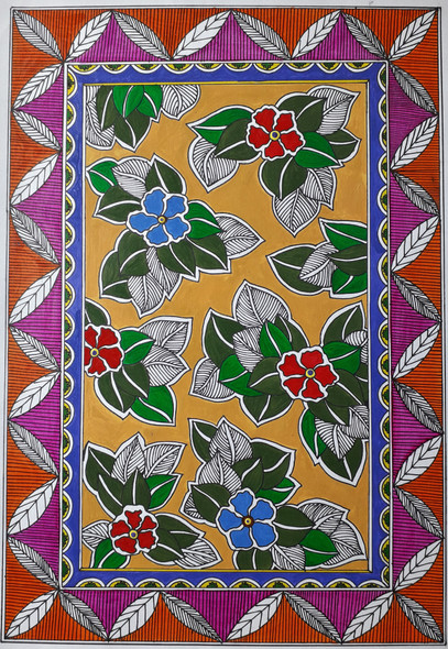 Madhubani Flowers (ART_7864_53791) - Handpainted Art Painting - 12in X 16in