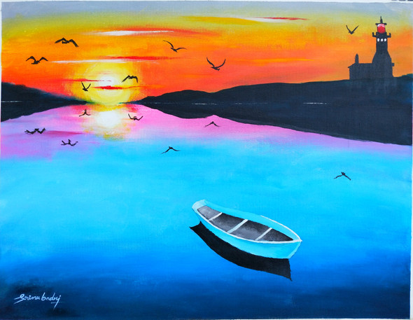 Sunset over the lake (ART_7876_54019) - Handpainted Art Painting - 30in X 23in