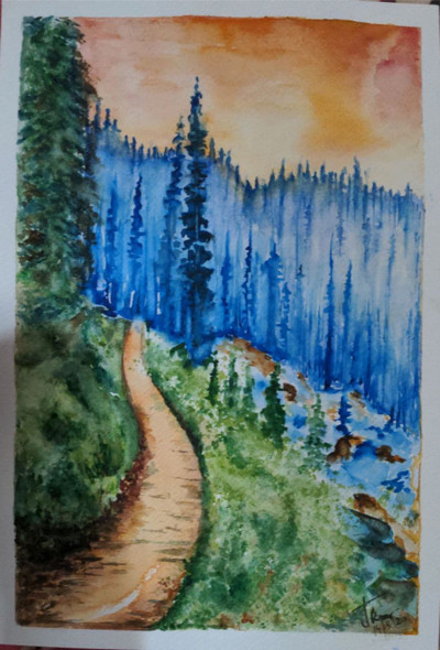 Path in the woods (ART_7810_53995) - Handpainted Art Painting - 8in X 11in