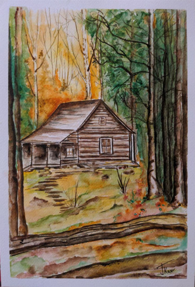 House in the woods (ART_7810_53992) - Handpainted Art Painting - 8in X 11in