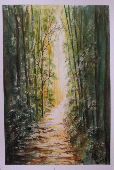 Light in the forest (ART_7810_53741) - Handpainted Art Painting - 8in X 12in