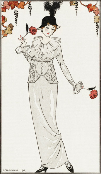 Costumes Parisiens, No 8- Tailleur De Satin Gris De Perle Chapeau De Paille Noir From Journal Des Dames Et Des Modes (1912) By George Barbier (PRT_6199) - Canvas Art Print - 14in X 24in