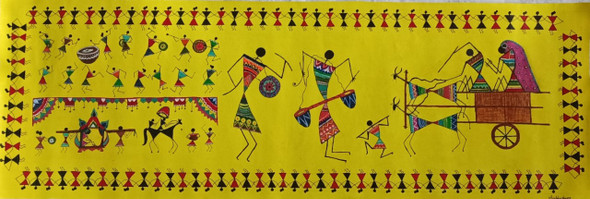 Celebration in a Warli village (ART_7801_52998) - Handpainted Art Painting - 34in X 12in