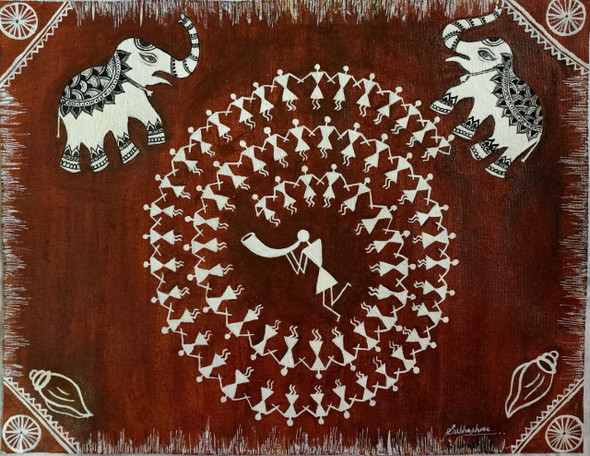 The Tarpa Dance of Warli Tribe (ART_7801_52997) - Handpainted Art Painting - 15in X 12in
