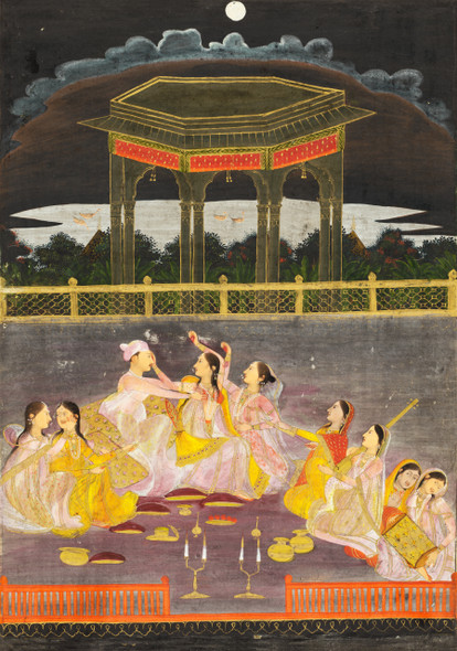 A Prince Celebrating Holi With Palace Women On A Terrace At Night (recto); Calligraphy Of A Quatrain (PRT_6362) - Canvas Art Print - 27in X 38in