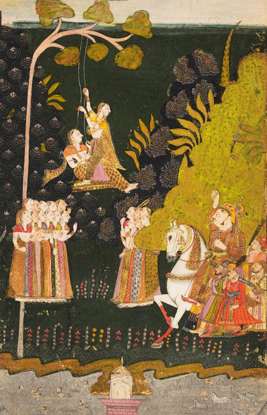 Maharaja Abhai Singh Of Marwar (1724‚Äì49), Equestrian, Watching Girls Swinging At The Teej Festival (PRT_6476) - Canvas Art Print - 28in X 44in