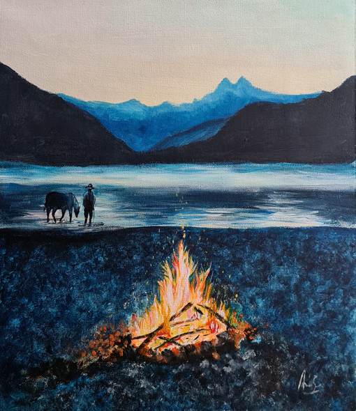 Bonfire Near Lake And Mountain (ART_7615_54348) - Handpainted Art Painting - 14in X 16in