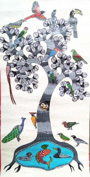Tree of Life:A bird watchers perspective (ART_7890_54253) - Handpainted Art Painting - 12in X 24in