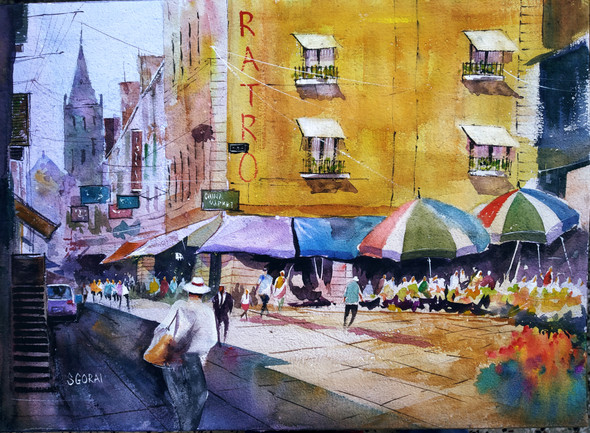 Bustling Market Place (ART_7902_54488) - Handpainted Art Painting - 20in X 14in