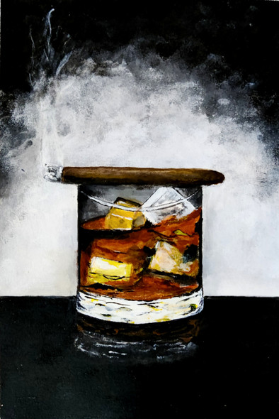 Whiskey with Cigar (ART_7285_45821) - Handpainted Art Painting - 5in X 7in