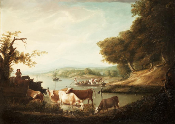 A Calm Watering Place Extensive And Boundless Scene With Cattle By Alvan Fisher (PRT_6707) - Canvas Art Print - 28in X 20in