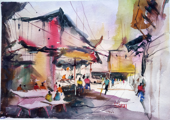 Market Place (ART_7902_54696) - Handpainted Art Painting - 16in X 11in