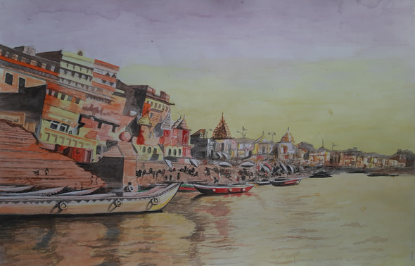 Varanasi Ghat 01.Pink boat (ART_7573_54855) - Handpainted Art Painting - 17in X 11in