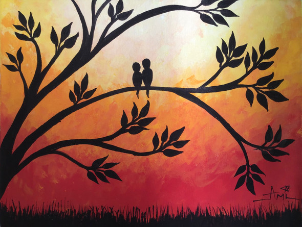 Love Birds in Sunset (ART_7557_54856) - Handpainted Art Painting - 18in X 14in