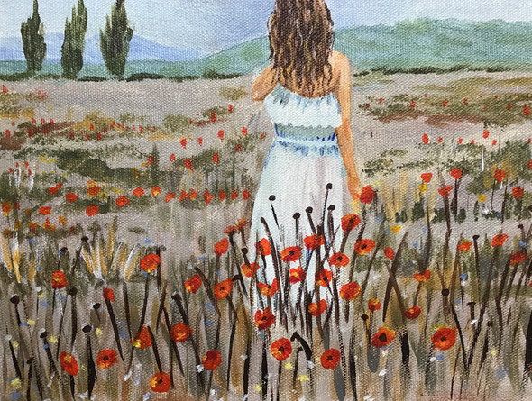 Lady in poppy field (ART_7906_54617) - Handpainted Art Painting - 10in X 12in