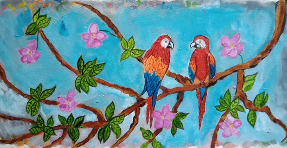 The birds and the flowers (ART_2419_54575) - Handpainted Art Painting - 14in X 6in