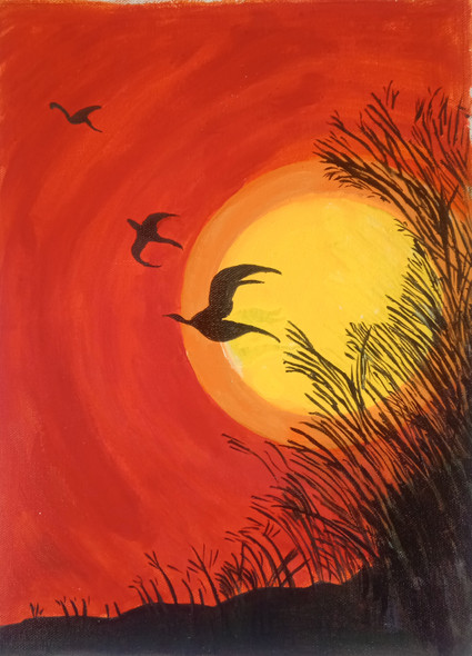 The Birds Flying To Home (ART_2419_54521) - Handpainted Art Painting - 10in X 14in