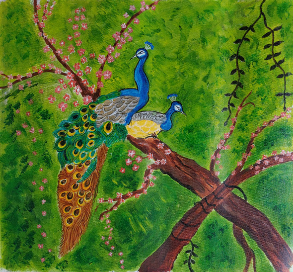 THE PEACOCKS IN THE MIDDLE OF FOREST (ART_2419_53884) - Handpainted Art Painting - 14in X 13in