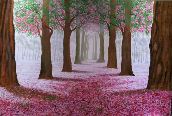 Road of cherry blossom (ART_5868_54967) - Handpainted Art Painting - 36in X 24in